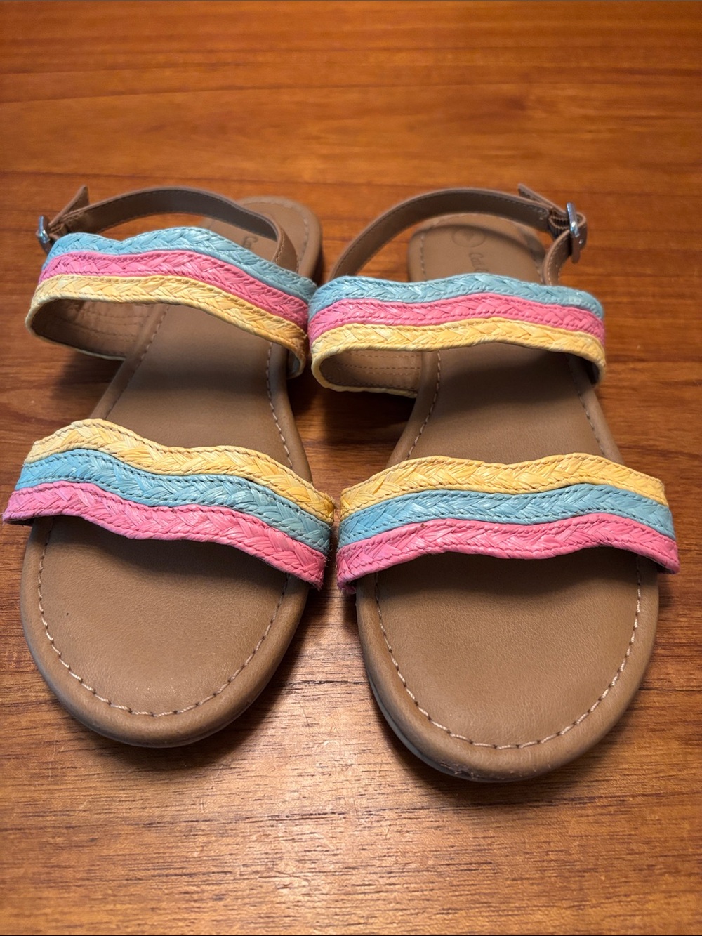 Cat & Jack Tan Sandals with Pink, Blue & Yellow Braided Straps